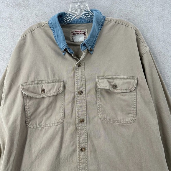 VTG 90s Wrangler Rugged Wear Shirt Mens 2XT Beige Denim Collar Elbow Patches - Picture 3 of 13
